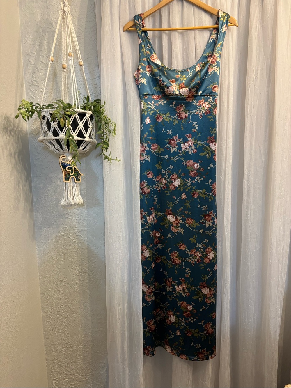 Green floral satin dress